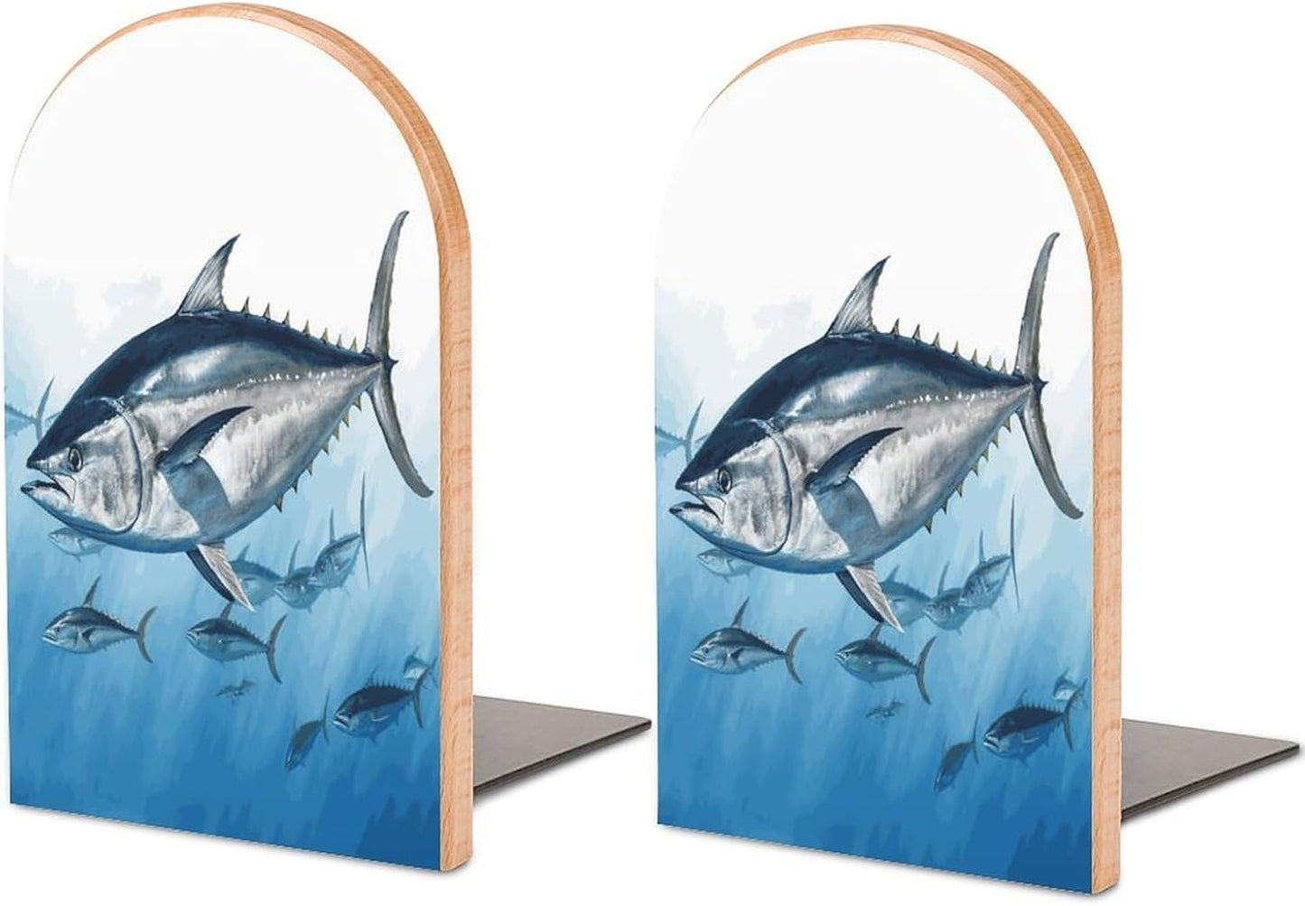 Bluefin Tuna Thunnus Bookends 1 Pair Heavy Duty Book Ends for Shelves Non-Skid Bookend Supports Wooden Book Holders with Metal Base Desk Organizers Books Storage to Hold Books