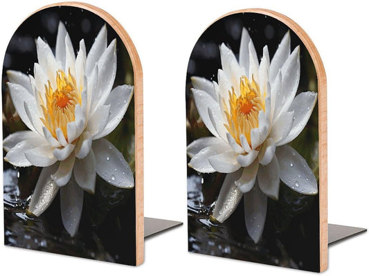 White Lotus Bookend for Shelves Wooden Book End Large Size Sturdy Book Holders Stoppers with Metal Base for Bookshelves Slick Decorative Bookends Stands