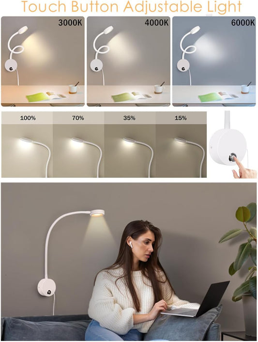 Dimmable LED Reading Lamps,Wall Mount Reading Lights for Bed Headboard,Flexible Gooseneck with Touch Dimmer Plug in Wired Sconce,3 Color Modes,10 Brightness Leves, USB Output(5V 2A), White 1 Pack
