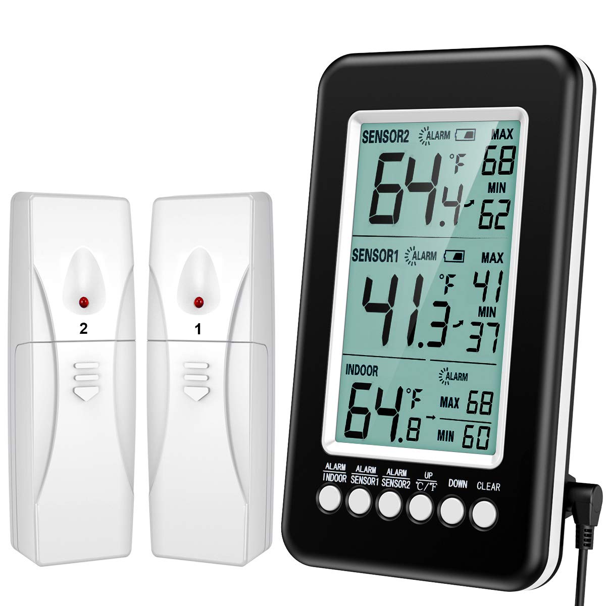 KeeKit Refrigerator Thermometer, Wireless Indoor Outdoor Thermometer with 2 Sensors, Digital Fridge Thermometer with Audible Alarm, Temperature Gauge for Freezer, Restaurants, Bars