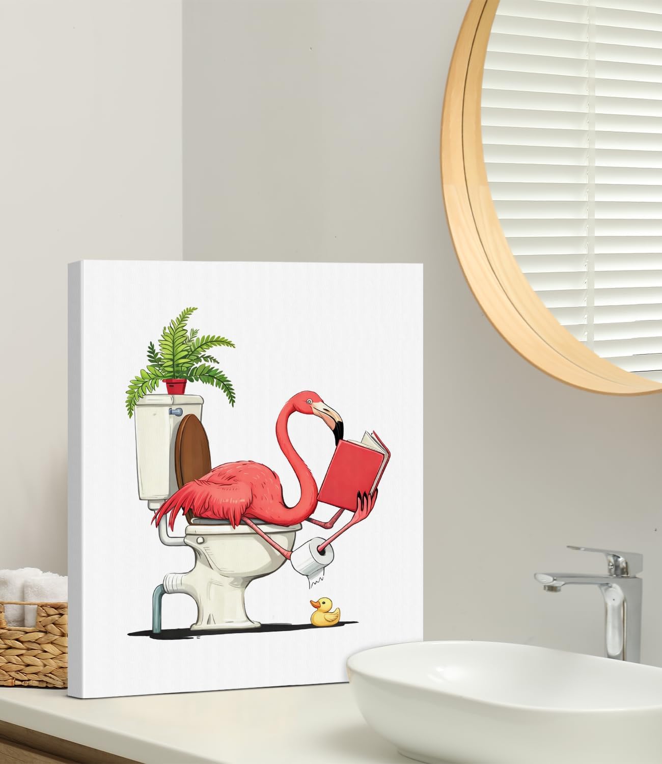 Funny Flamingo Bathroom Wall Art Print - Flamingo Reading on Toilet Canvas Poster Painting - Tropical Animal Bathroom Wall Decor 8x10 Inch Framed