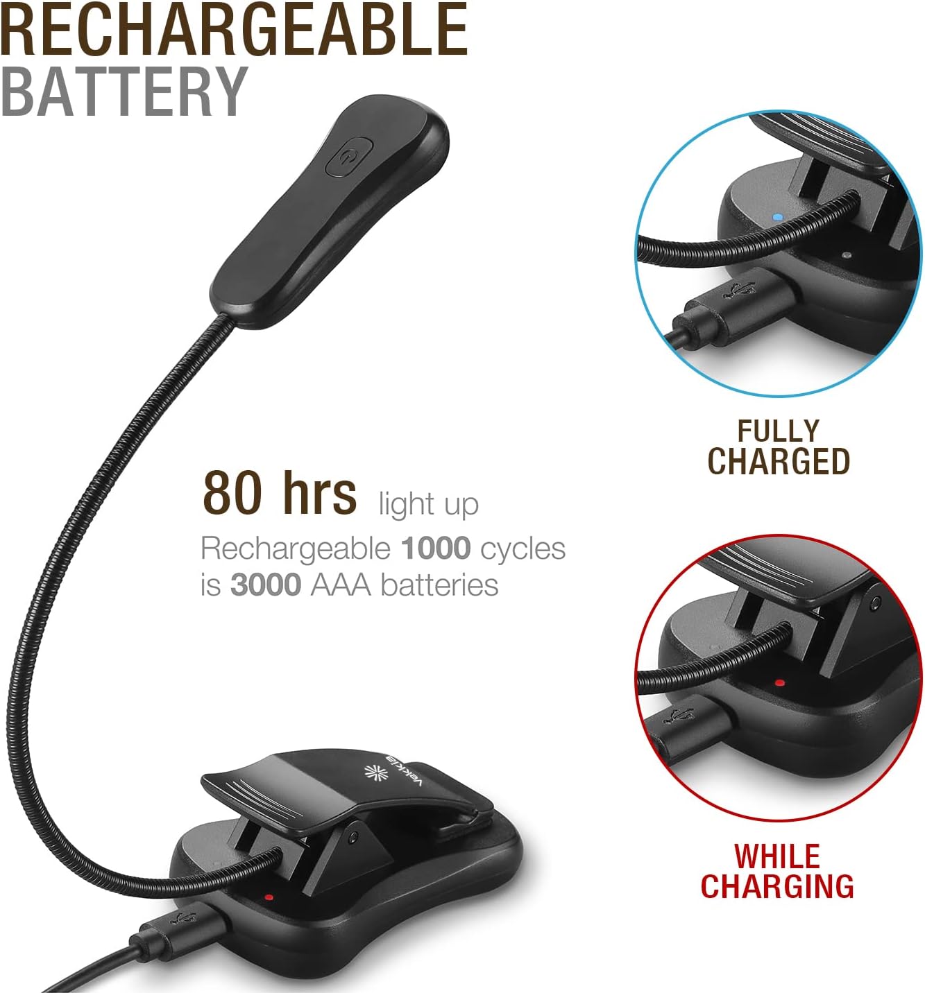 Vekkia 3000K Warm LED Rechargeable Book Light, Easy for Eyes, Clip on Reading Lights for Books in Bed, Car & Travel, Lightweight Slim 2.1 oz. Great for Readers