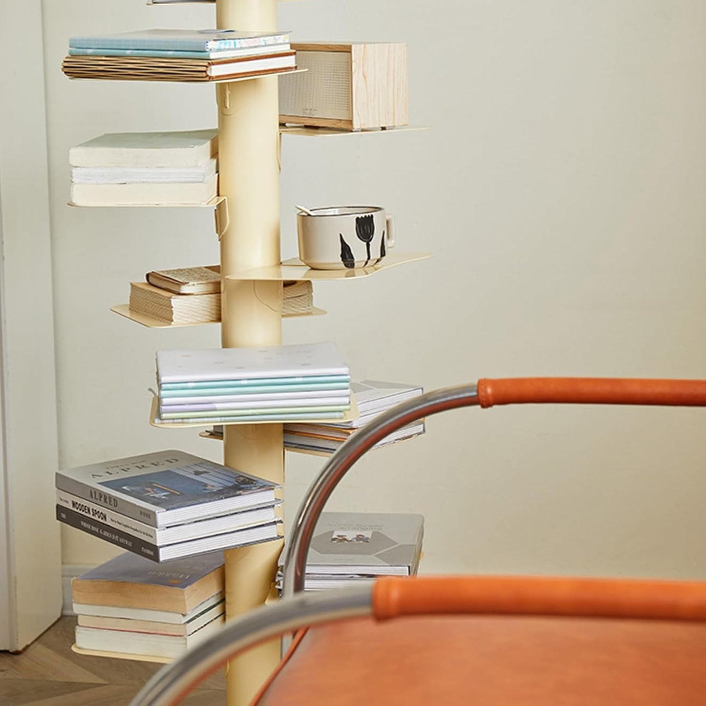 Multipurpose Display Book Shelf ，Floor-to-Ceiling Simple Narrow Invisible Bookshelf ，Multipurpose Corner Bookshelf, Metal Book Tower for Small Spaces ，Metal Bookshelf – Vertical Book Tower(Red and whi