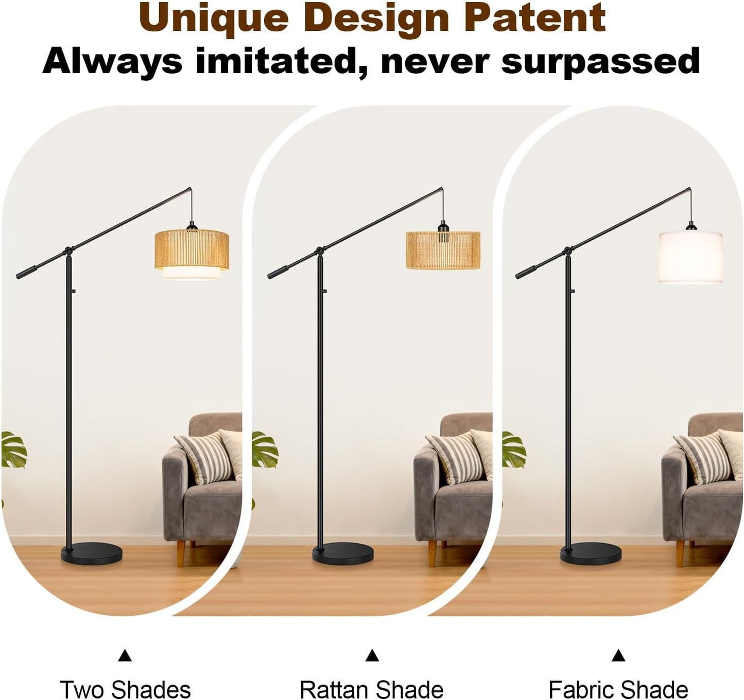 【Upgraded】Dimmable Boho Floor Lamp for Living Room, Modern Swing Arm Floor Lamp with Rattan & Fabric Shades, Black Rattan Standing Lamp with 11W Bulb, Farmhouse Adjustable Tall Lamp for Bedroom Office