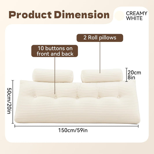 Headboard Pillow Queen - Adjustable Back Support Wedge Pillow for Sitting Up in Bed, Perfect for Reading. Includes Removable & Washable Cover,Beige(59x8x20 Inches)
