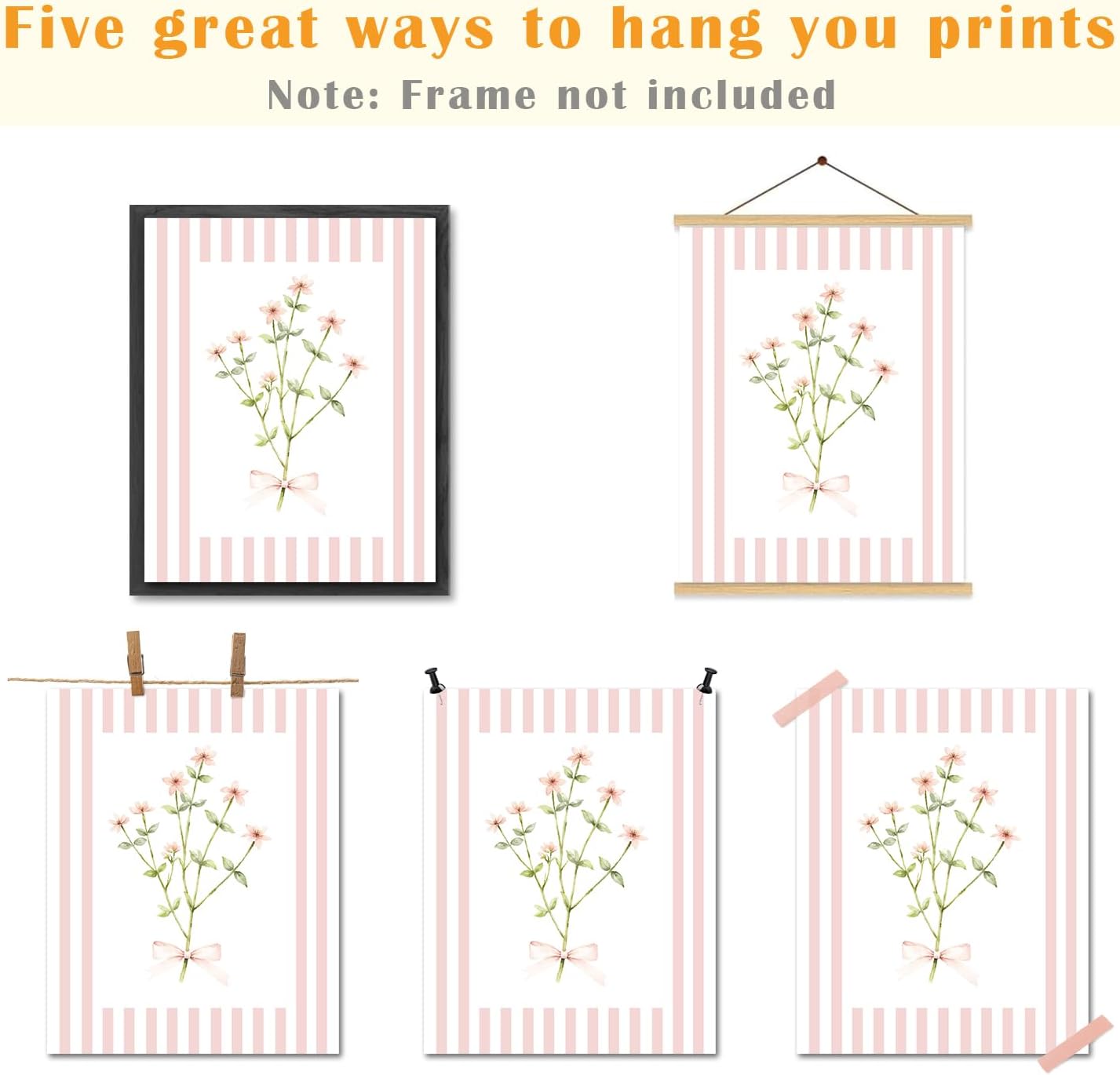 JINYO Coquette Pink Bow Floral Wall Art Prints Set of 4, Floral Room Decor, Preppy Pink and White Striped Flower Posters Pictures Wall Decor for Girls Room Bedroom Dorm Home, 8x10 Unframed