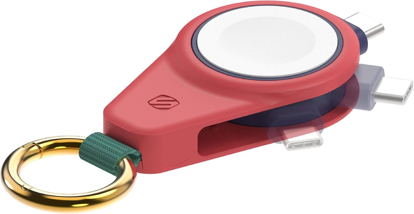 Scosche Fast Charging USB-C Powered Plug-in Travel Charger for Apple Watch, Portable Magnetic Charger Keychain for iWatch Compatible with Apple Watch Series 10/9/8/7/6/5/4/3/2 Ultra 2/SE, Sunset Coral