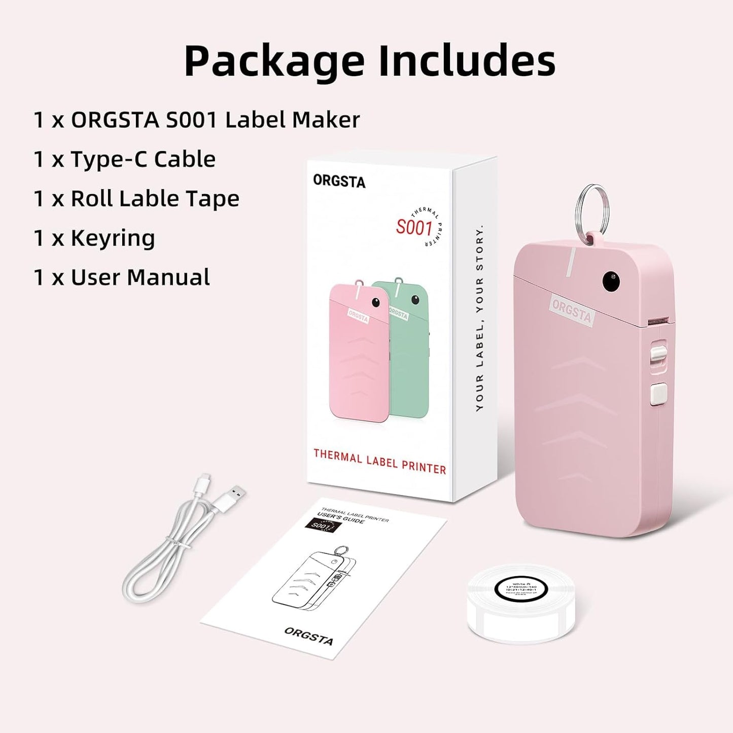 ORGSTA Label Maker, S001 Portable Bluetooth Label Maker Machine with Tape, Thermal Label Printer for Home, Office, School Organization, Wireless Mini Labeler Machine, Pink
