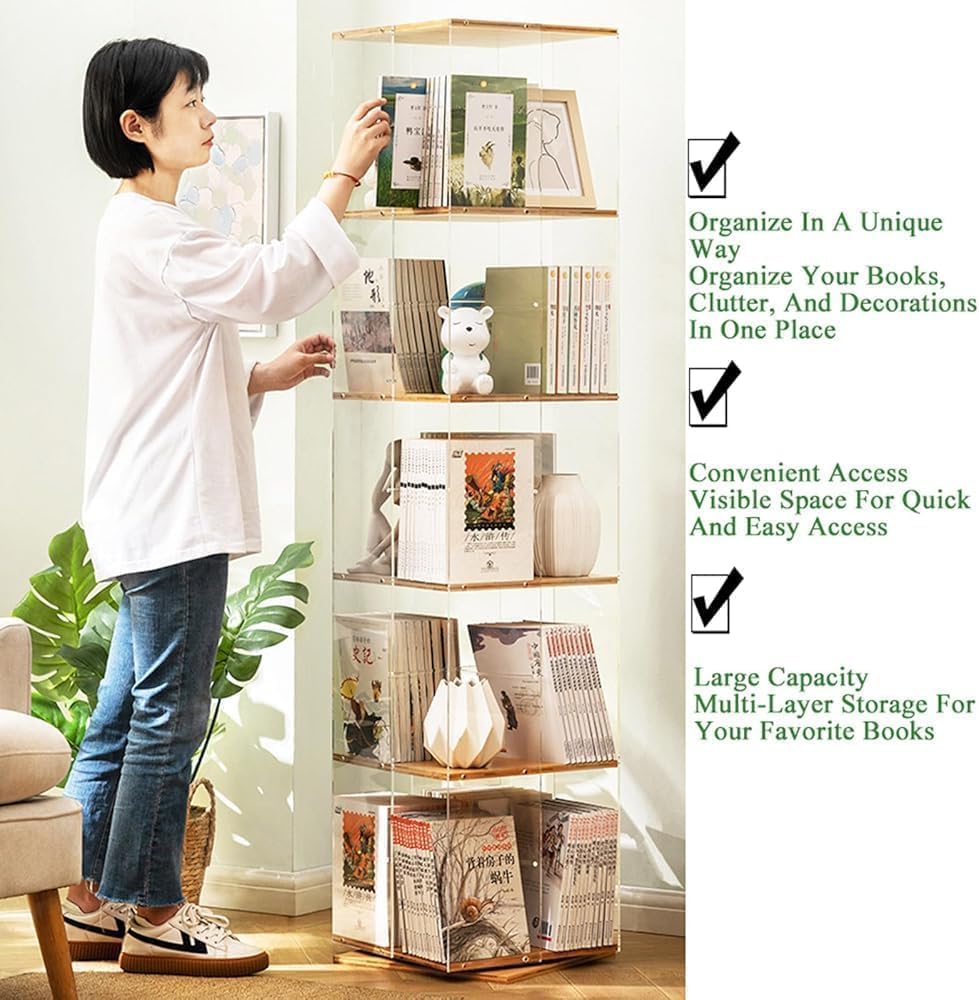 360° Rotating Bookshelf, Spinning Bookcase with Clear Acrylic & Solid Wood, 5-Tier Modern Storage Organizer for Kids' Playroom & Bedroom, Stylish Book Storage Solution