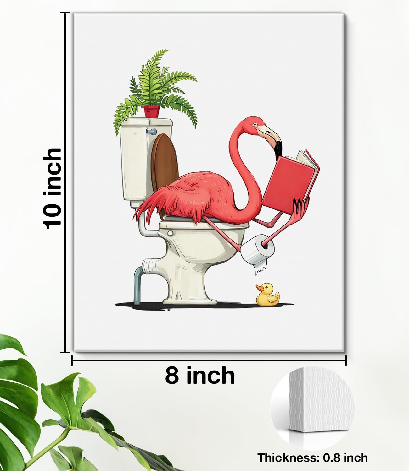 Funny Flamingo Bathroom Wall Art Print - Flamingo Reading on Toilet Canvas Poster Painting - Tropical Animal Bathroom Wall Decor 8x10 Inch Framed
