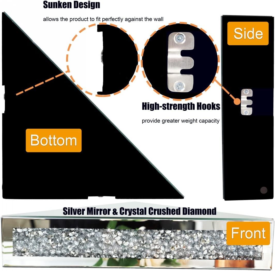 Mirrored Floating Corner Shelf, Silver Mirror Crushed Diamond Decorative Wall Shelf for Home Decoration Crystal Diamond Wall Art Decor Accent Piece Showcase 11.8" L×11.8" W×3.1" H, Set of 2