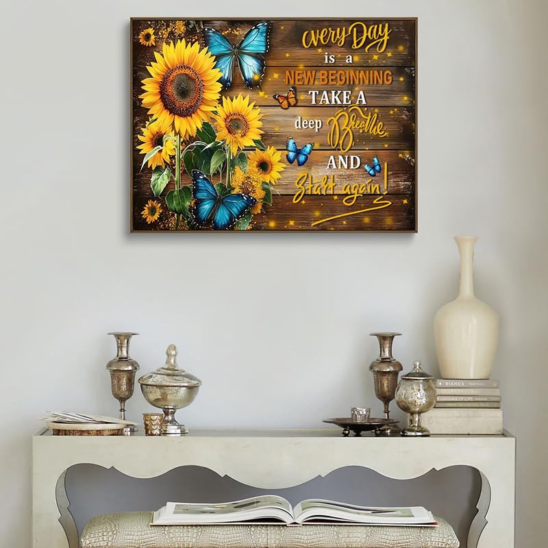 Sunflower Canvas Wall Art Blue Butterfly Rustic Wood Wall Decor Inspirational Prints Quotes Posters Vintage Painting Framed Artwork For Bedroom Living Room And Kitchen Home Modern Decors 12x16 Inches