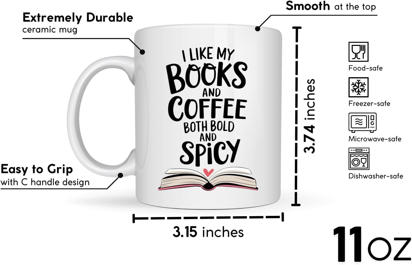 Book Lovers Coffee Mug 11oz White -Bold Spicy - Gift for Book Club Bookworm Bookish Reading Nerdy Avid Readers Women