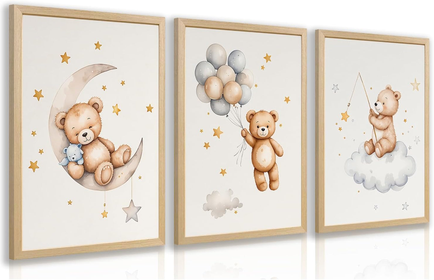 EisEver Baby Nursery Wall Art Set of 3, Bear Moon Cloud Balloon Nursery Decor, Cute Teddy Bear Boys Girls Room Art Prints, Neutral Beige Kids Room Artwork for Bedroom Playroom Wood Framed 16x24 inch