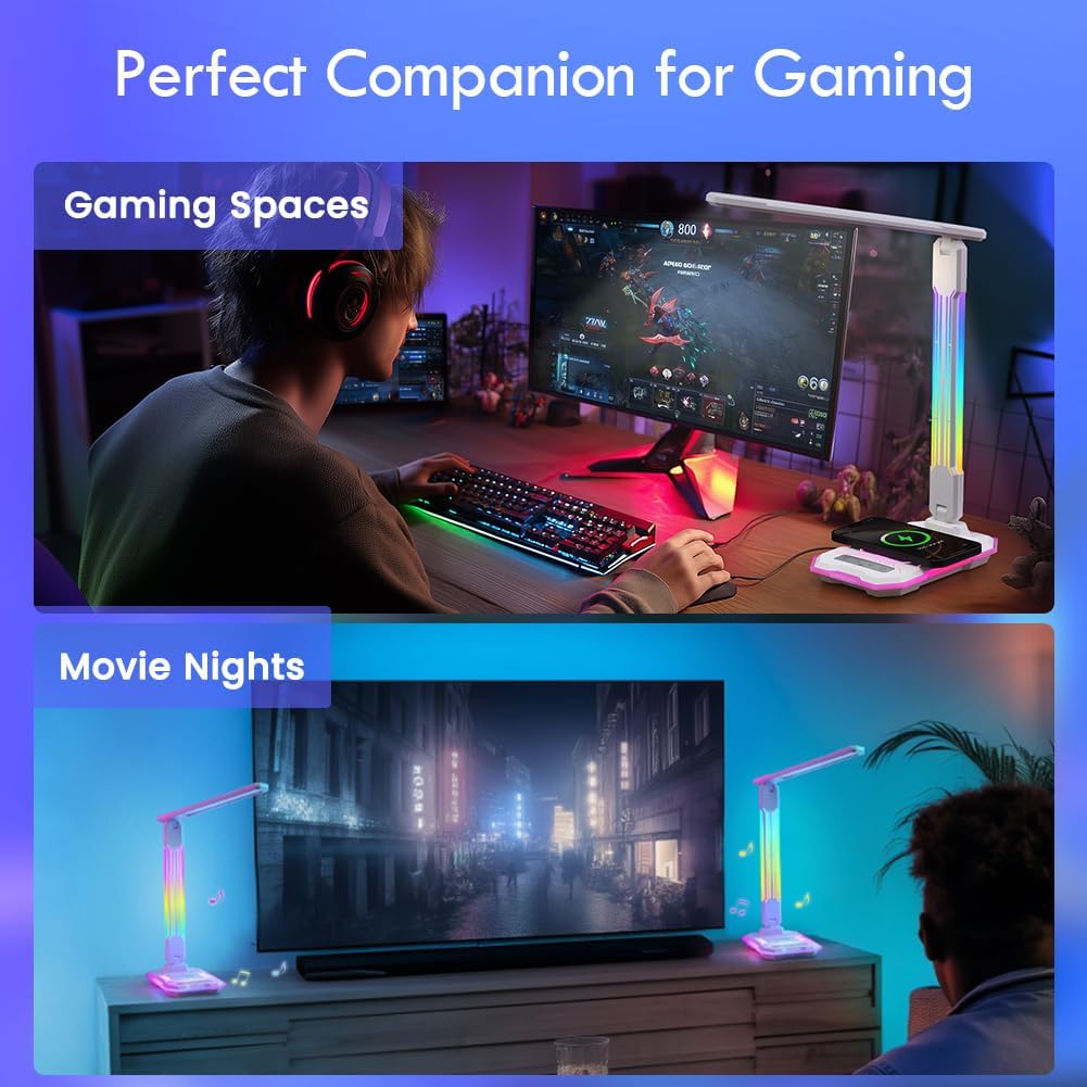 WILIT Desk Lamp for College Dorm Room, RGB Gaming Desk Light with Wireless Charging & USB Port, Gamer lamp Sound Reactive,3 Color Modes 5 Brightness,Reading Lamp Touch Control for Home Office,Study