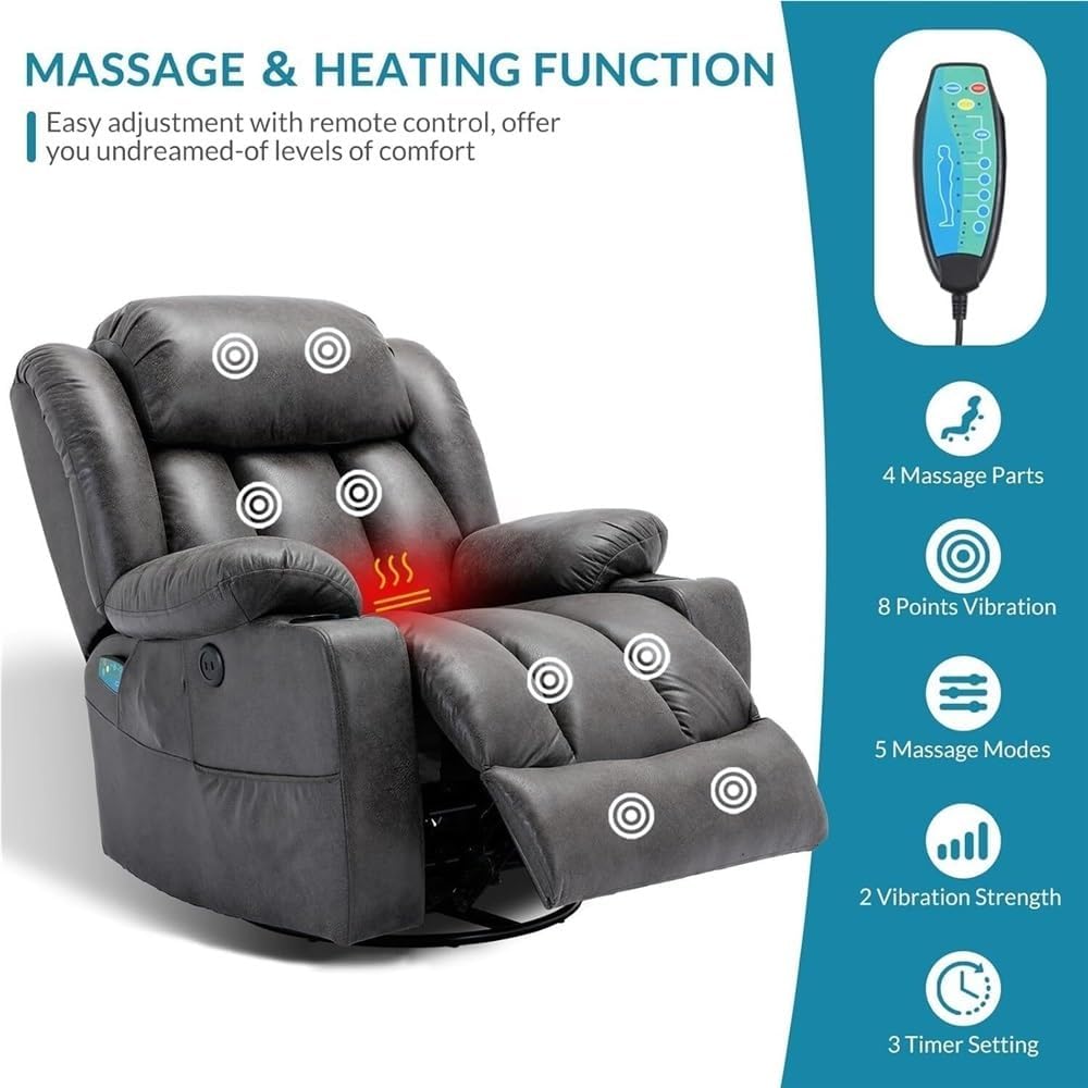 Power Swivel Glider Recliner with Lumbar Heat & Vibration Massage, Large Electric Rocking Chair with USB Ports, Cup Holder & Side Pockets – Home Theater Recliner for Living Room
