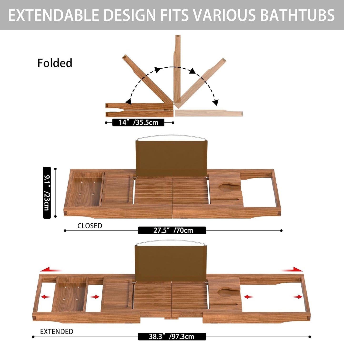 Teak Bathtub Caddy Tray for Tub, Foldable Luxury Bath Table Tray with Book and Wine Glass Holder, Expandable Bathroom Accessories for Spa or Reading