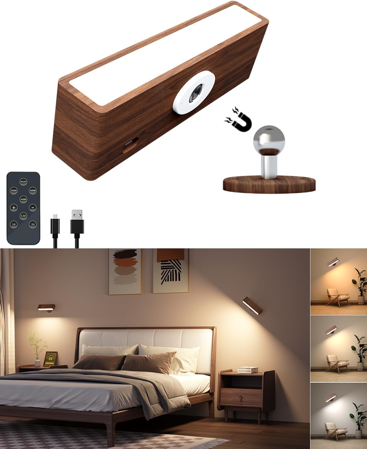 Wooden Wall Lights Battery Operated with Remote,Rechargeable Wall Sconce for Bedroom with 3 Color Temperature, Magnetic, Stick-On, Dimmable Wall Reading Lights (Walnutwood, 1 Pack)