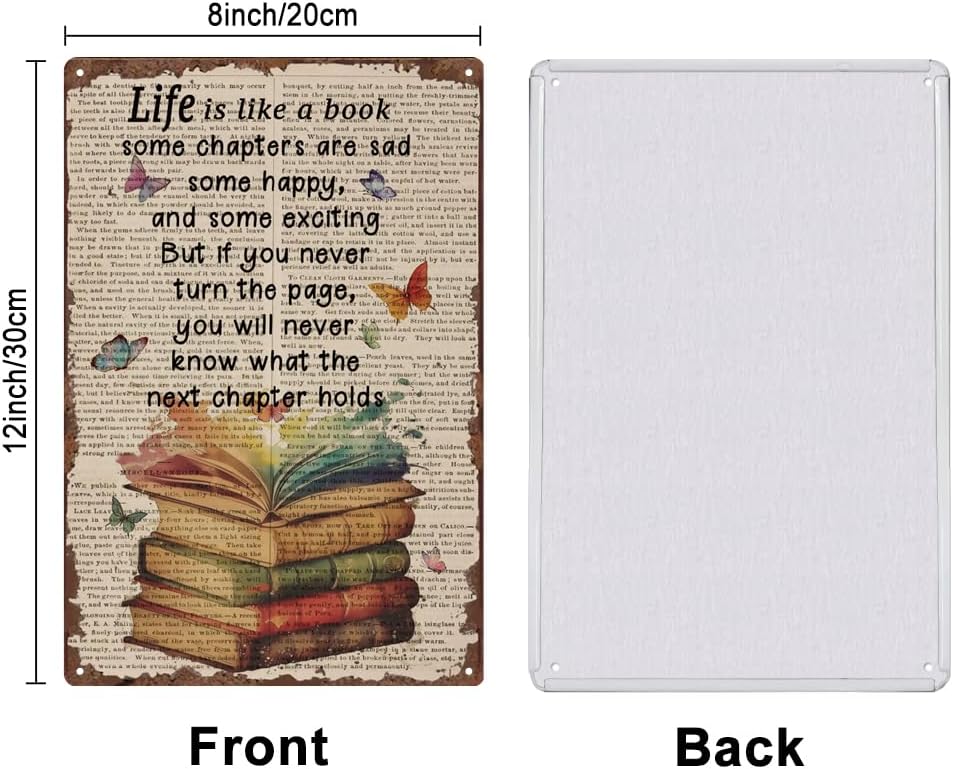 SUPERDANT Life is Like A Book Tin Signs Books Butterfly Metal Tin Sign Poster Motivational Text Vintage Art Decor for Classroom Library Cafe Coffee Bar Reading Room Plaque Home Bedroom Wall Decoration