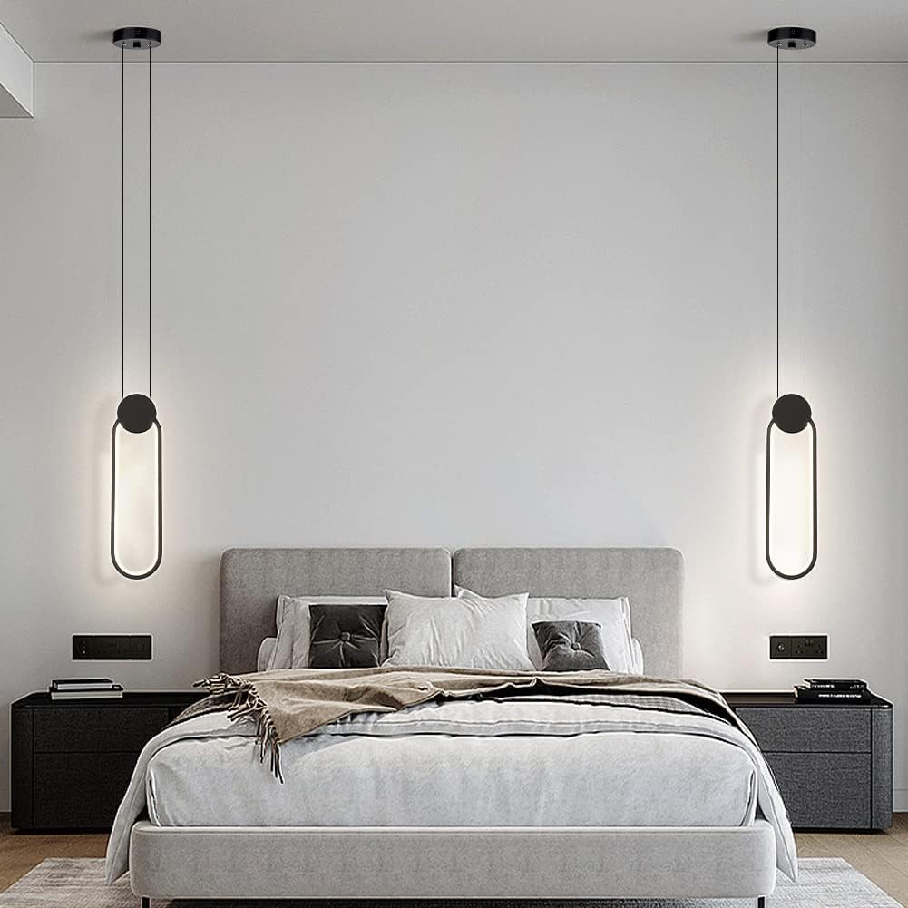 Modern Black LED Pendant Lights Fixtures, 2 Pack Minimalist Design Oval Pendant Lighting for Kitchen Island,Warm White Hanging Light for Bedroom Dining Room Bathroom 8W