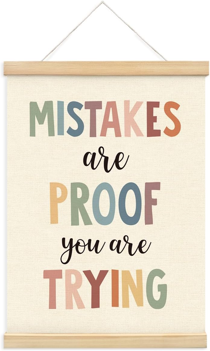 PLKMN Boho Classroom Decor, Mistakes are Proof You are Trying Wall Art with Wooden Poster Hanger, Inspirational Wall Decor for Classroom, Classroom Posters, Classroom Wall Art, 12x16 Inch
