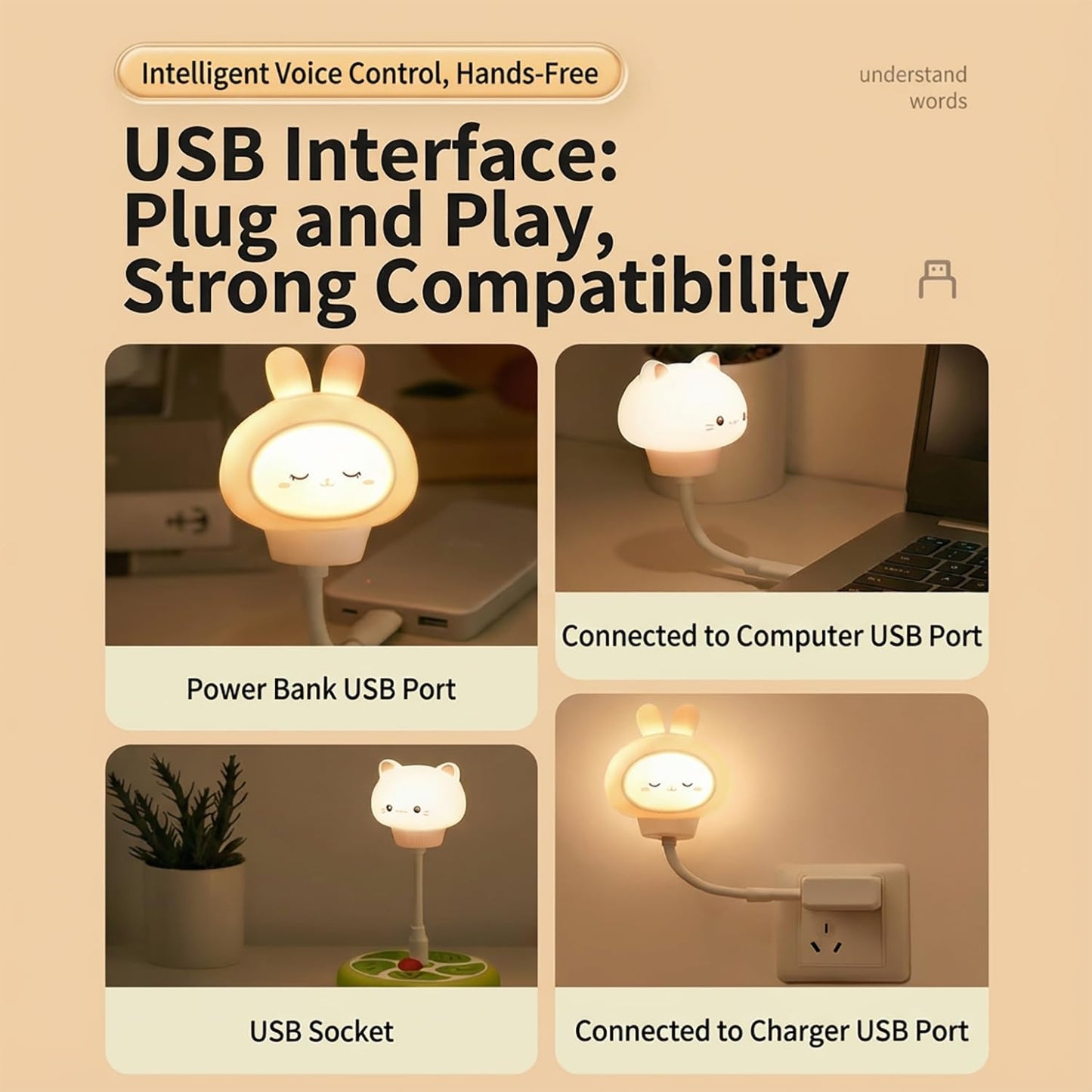 Smart Voice Activated Night Light - USB Plug-in, Dimmable Soft Lighting with Timer for Nursery, Baby Kids Bedroom & Breastfeeding,Portable Voice Control Lamp (Cat)
