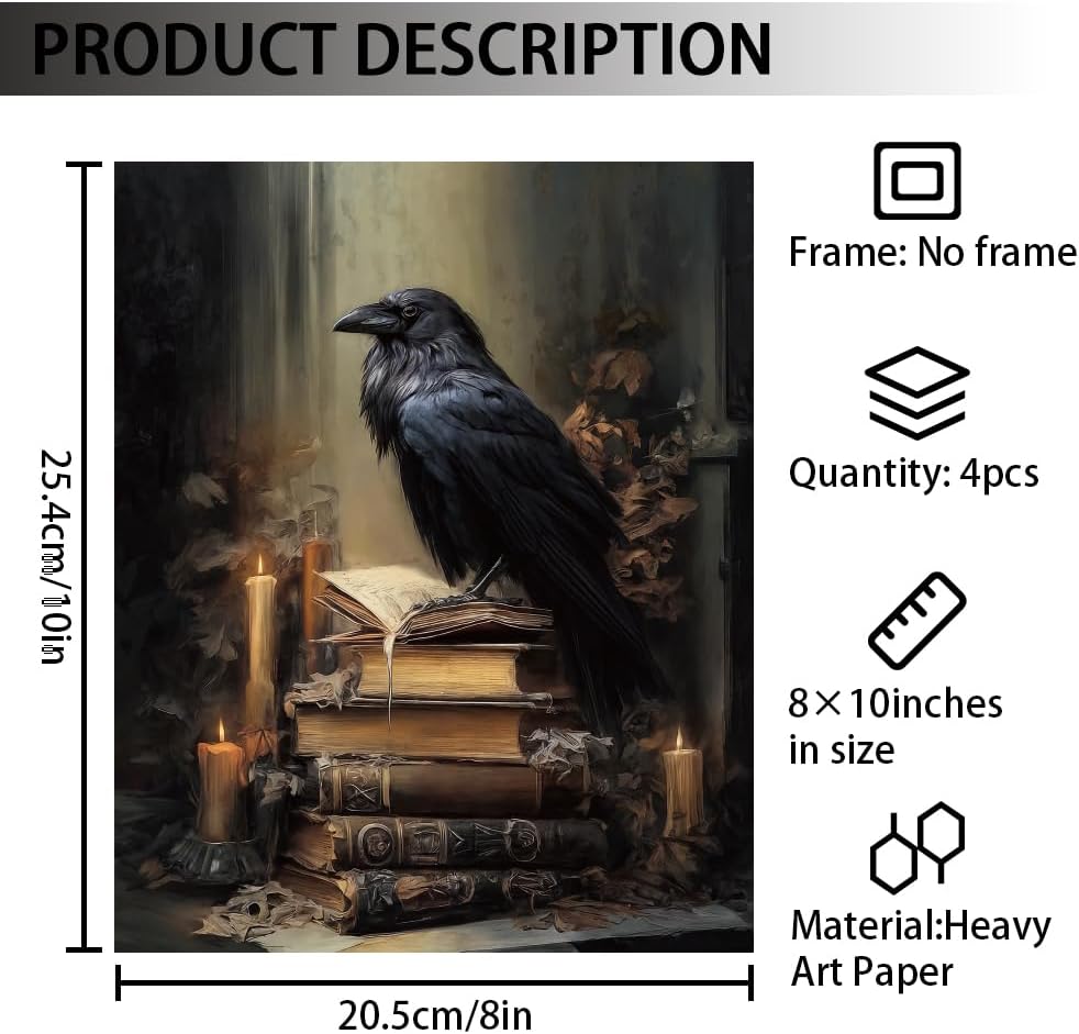 CRAFTYMELODY Book Dragon Bird Wall Art Prints Set of 4 Dark Style Fantasy Magic Poster Wall Decor Book Lover Artworks for Living Room Bedroom Classroom Office Decoration 8x10 Inch Unframed