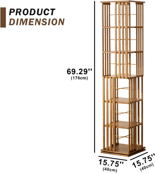 latifolia 6 Tier Rotating Bookshelf Tower, 360° Spinning Bamboo Bookcase, Coner Bookshelf for Office, Living Room, Narrow Space(Brown)