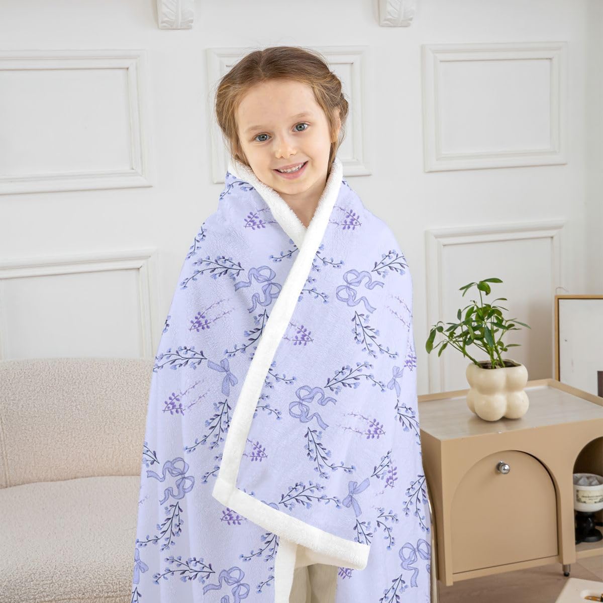 Purple Bows Throw Blankets,Aesthetic Floral Fleece Blanket,Kids Girls Boys Adult Grid Bowknot Fuzzy Blankets Fresh Gentle Soft Sherpa Blanket Chair Sofa Bed Decor,40"×50"