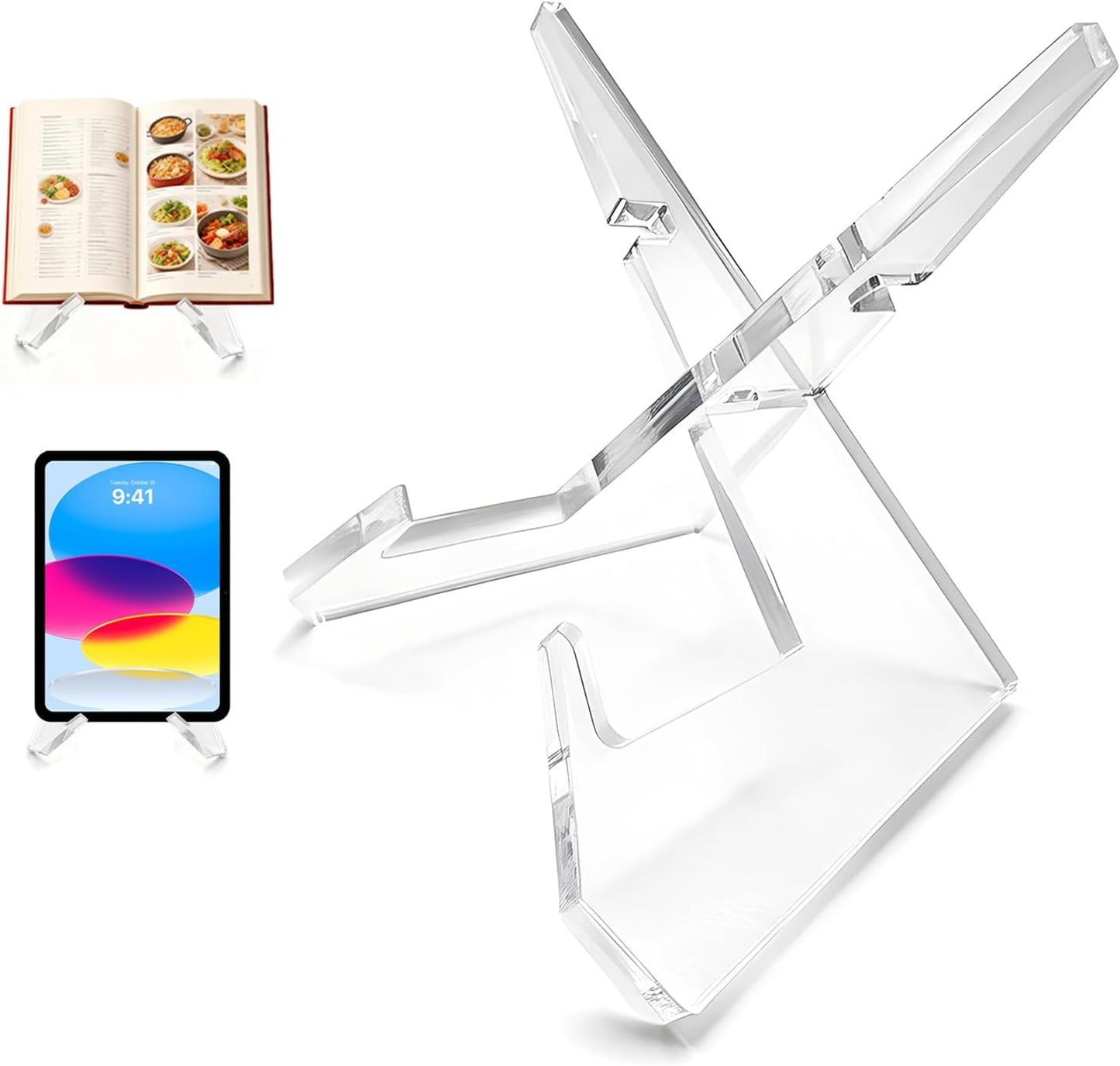 Cookbook Stand for Kitchen Counter Holds Books, Acrylic Cookbook Holder for Kitchen Counter Decor, Adjustable & Multifunctional Recipe Book Holder, Clear Display Holder