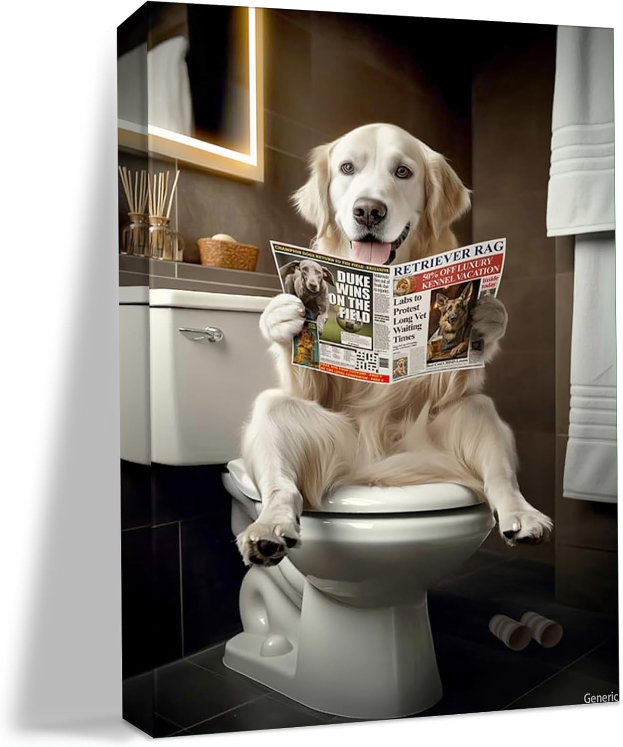 Funny Bathroom Wall Art Cute English Retriever Reading on Toilet Picture Canvas Print Poster for Animal Lovers Dog Toilet Decor 8x10inch Framed