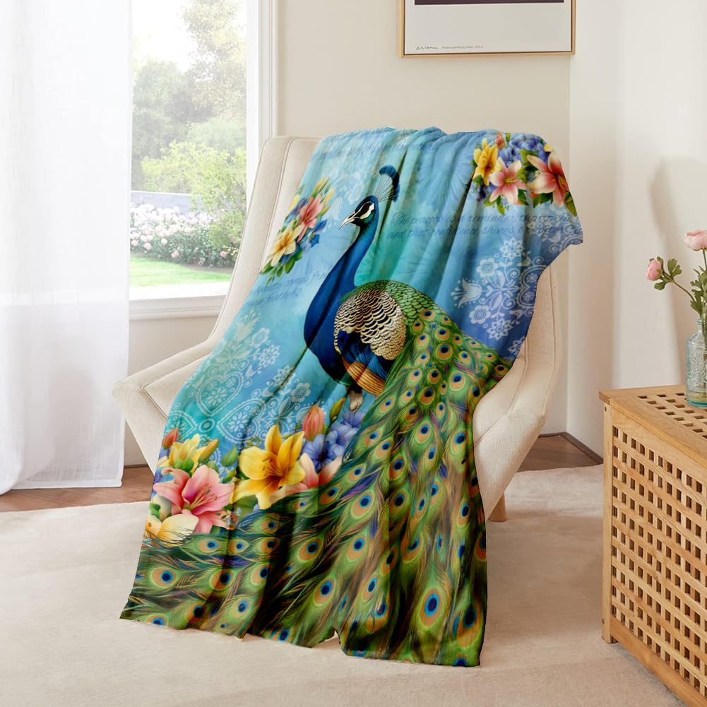 WADORN Vintage Peacock Throw Blanket, 500GSM,Elegant Peacock Floral Cozy Throw Blanket Fuzzy Soft Flannel Fleece Blanket for Home Office Bedroom Living Room Camping Sofa Bed Couch Holiday, 51x59 Inch