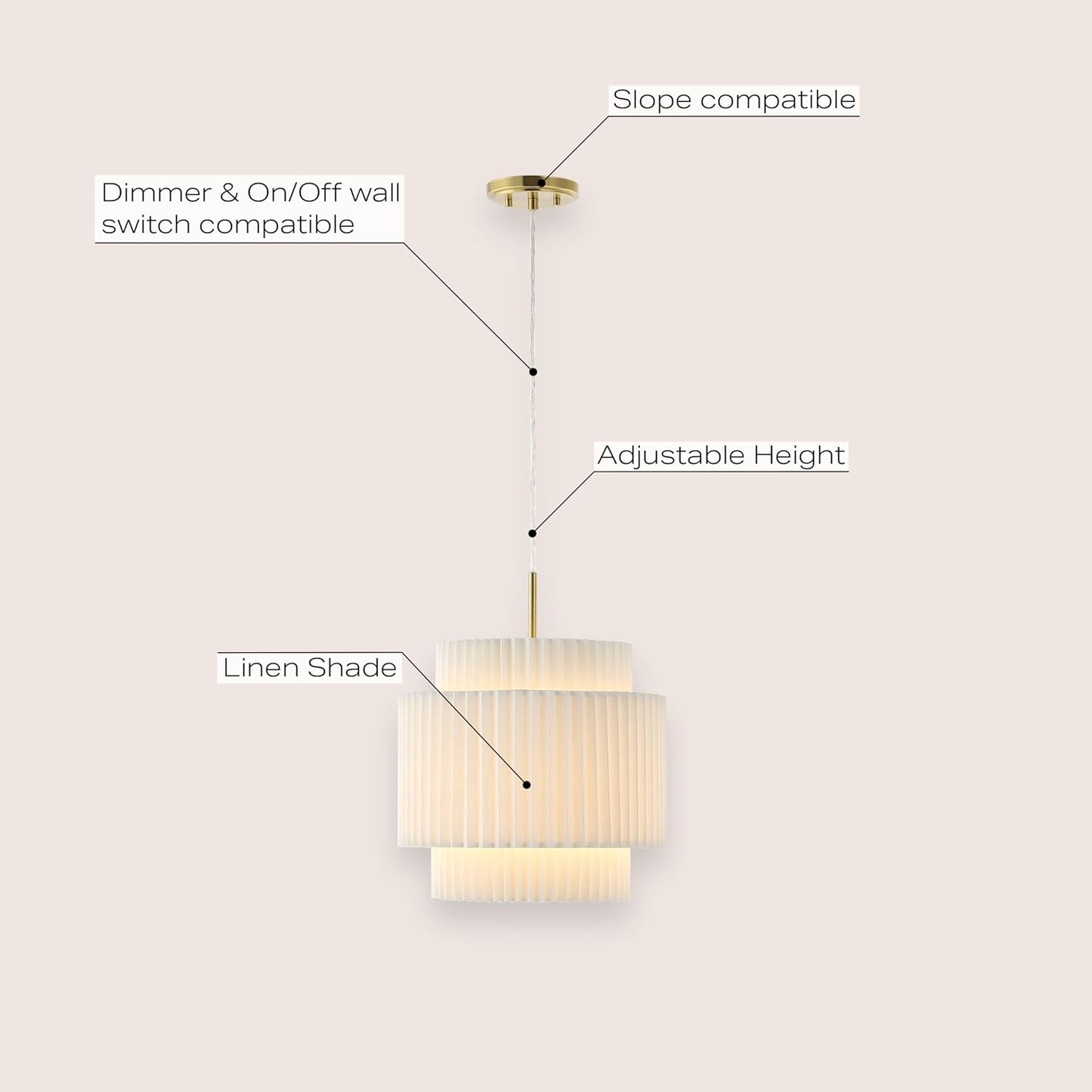 JONATHAN Y 14.5" Brass Gold and White 1-Light Iron Pendant Light, Vintage Mid-Century Modern with Pleated Linen Shade, Adjustable Height for Kitchen, LED Bulb Included JYL2408A