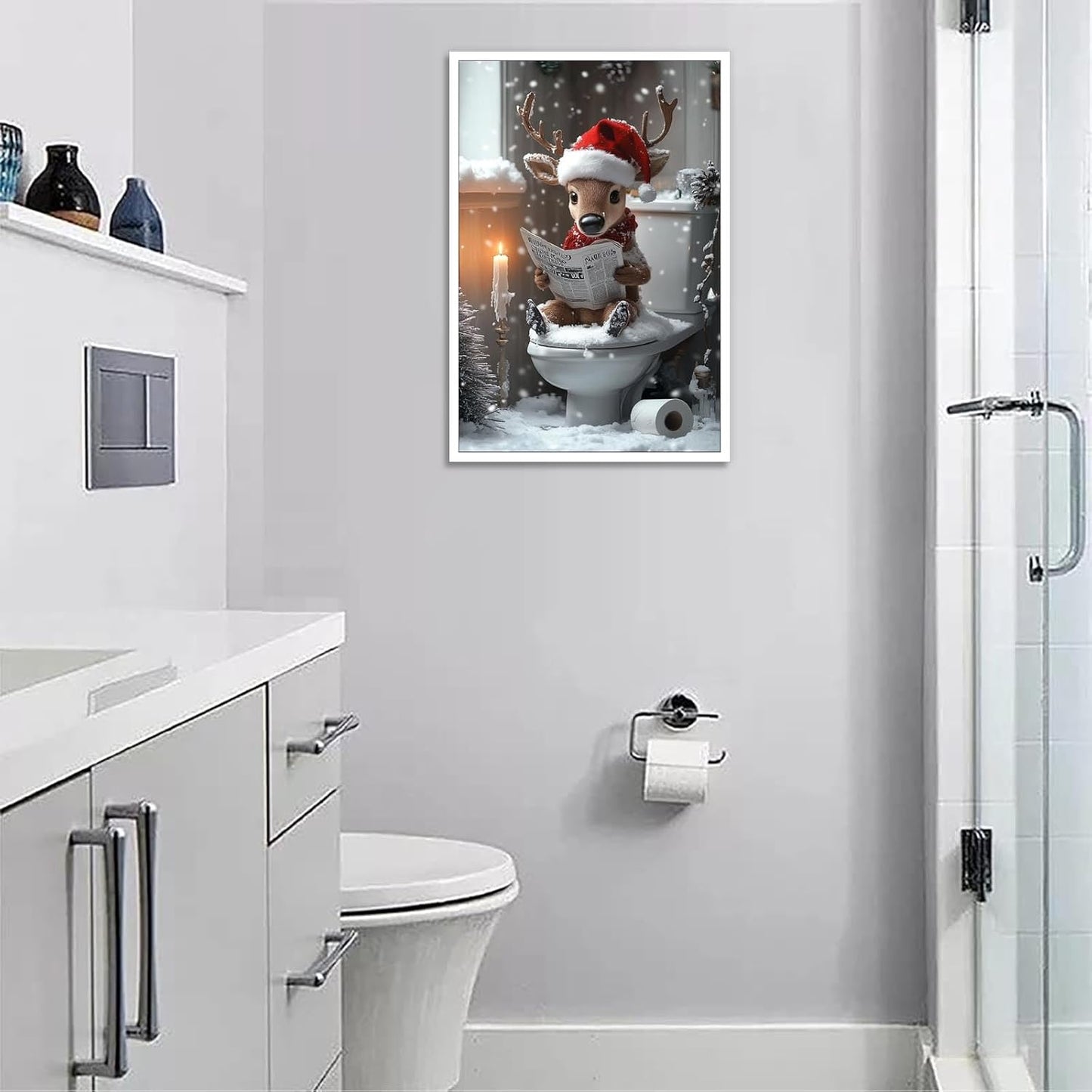 Vintage Merry Christmas Cute Animal Reading Newspaper On Toilet Posters Winter Aesthetics Canvas Wall Art Botanical Prints Painting For Home Bedroom Dorm Wall Decor 8X12in Unframed