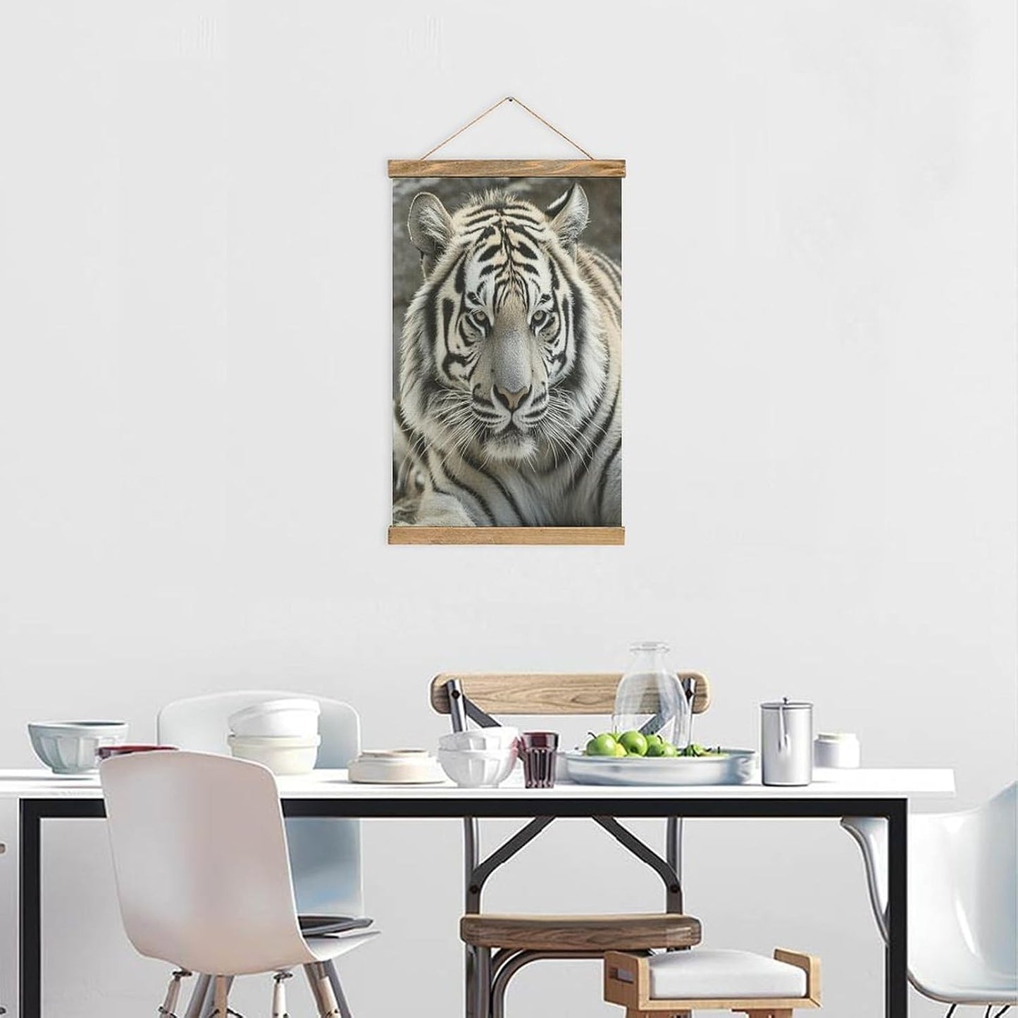 Vintage Black And White Tiger Poster with Wooden Frame Personalized Linen Hanging Scroll Painting Rustic Wall Hanging Illustrative Modern Artwork Decor for Home Living Room Bedroom Office