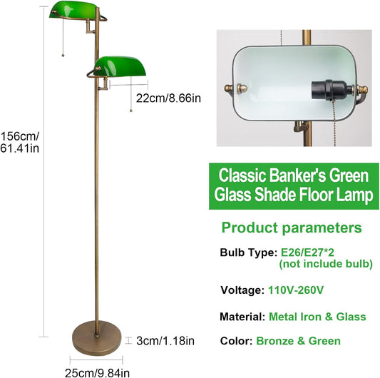 FIRVRE Green Glass Bankers Floor Lamp Classic Vintage Standing Lamp with Pull Chain Switch Adjustable Arm Reading Floor Light for Bedroom Headboard Workplace Office Piano Style Lamp
