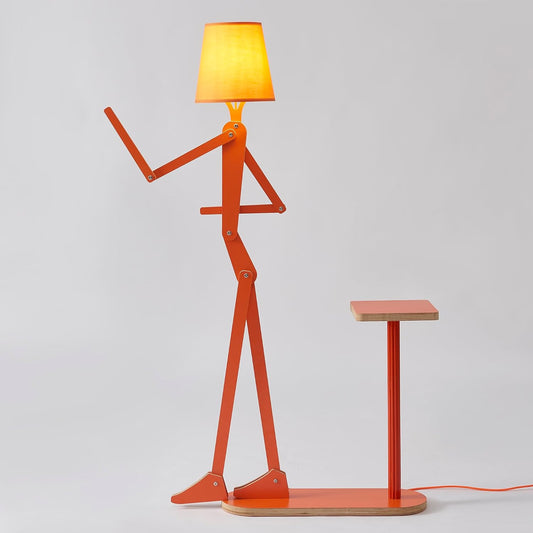 Unique Wood Floor Lamp Tea Table Storage for Living Room Bedroom Kids Bedside - Corner Reading Creative Swing Arm Standing Light for Home Office Farmhouse - LED Bulb Included (Orange Table)