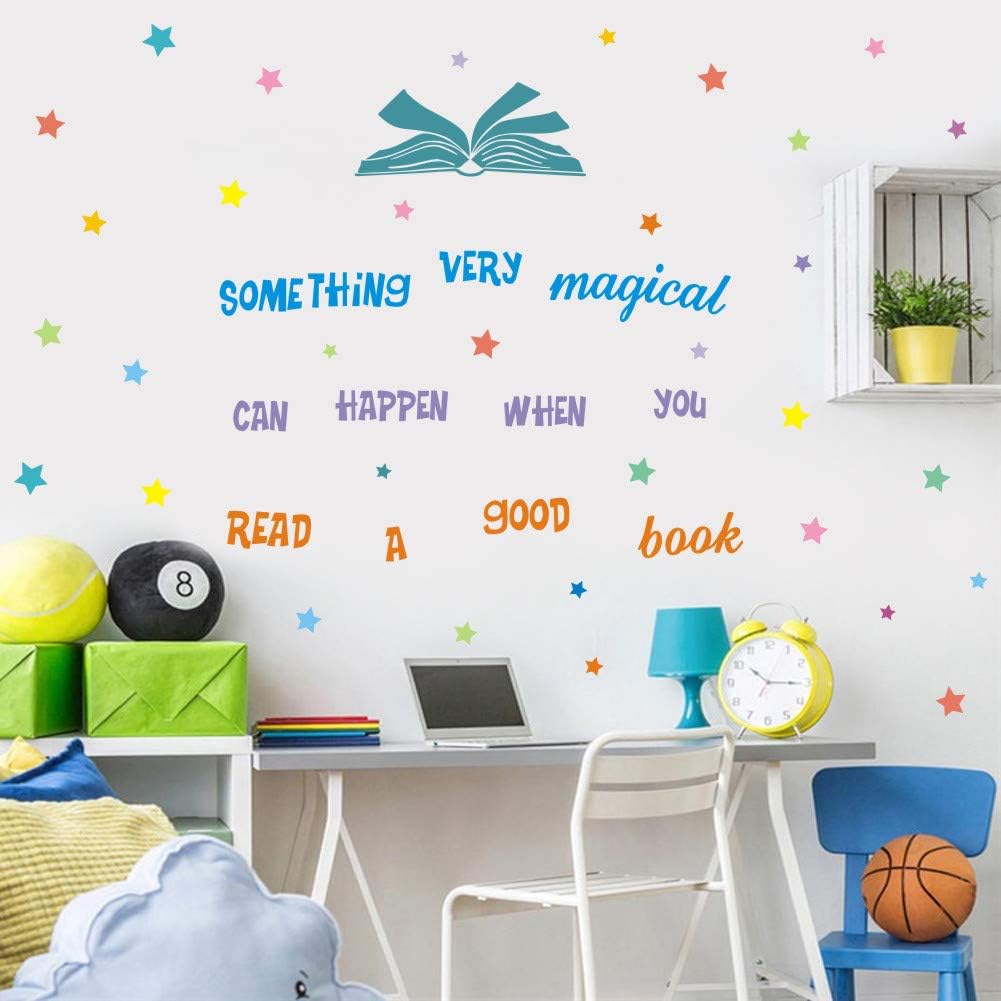 IARTTOP Something Very Magical Can Happen When You Read A Book Wall Decal, Colorful Stars Inspirational Quote Sticker for Classroom Kids Room Library Decor