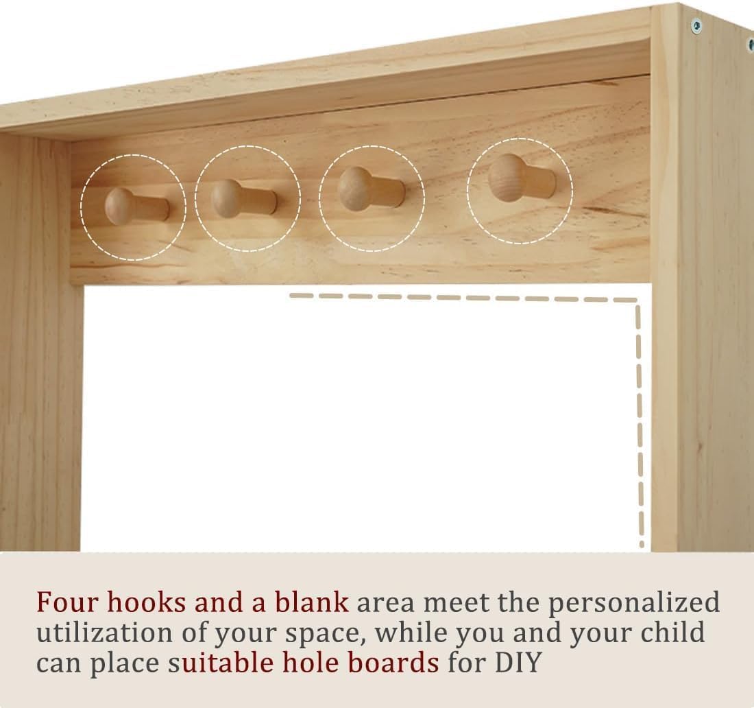 Wooden Slim Shelf with Hooks, Wall Mount, Organizer for Toys and Books, Behind-The-Door, Space-Saving (H: 185cm)