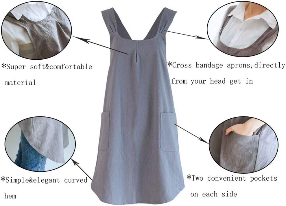 Soft Cotton Linen Apron Cross Back X-Shaped Japanese Style Pinafore Dress for Cooking, Housewarming, Daily Chores