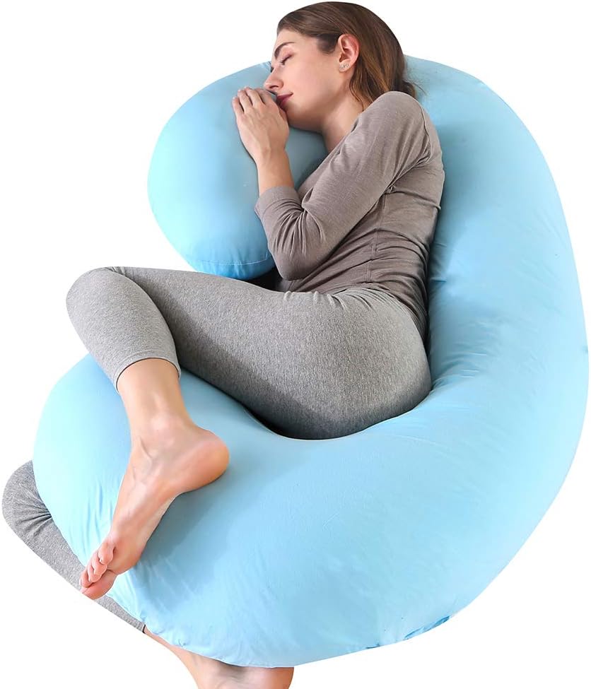 CDEN Pregnancy Pillow, C Shaped Full Body Pillow 52", Maternity Pillow Support for Back, Legs, Neck, HIPS for Pregnant Women with Removable Washable Jersey Cover(LIGHTBLUE)