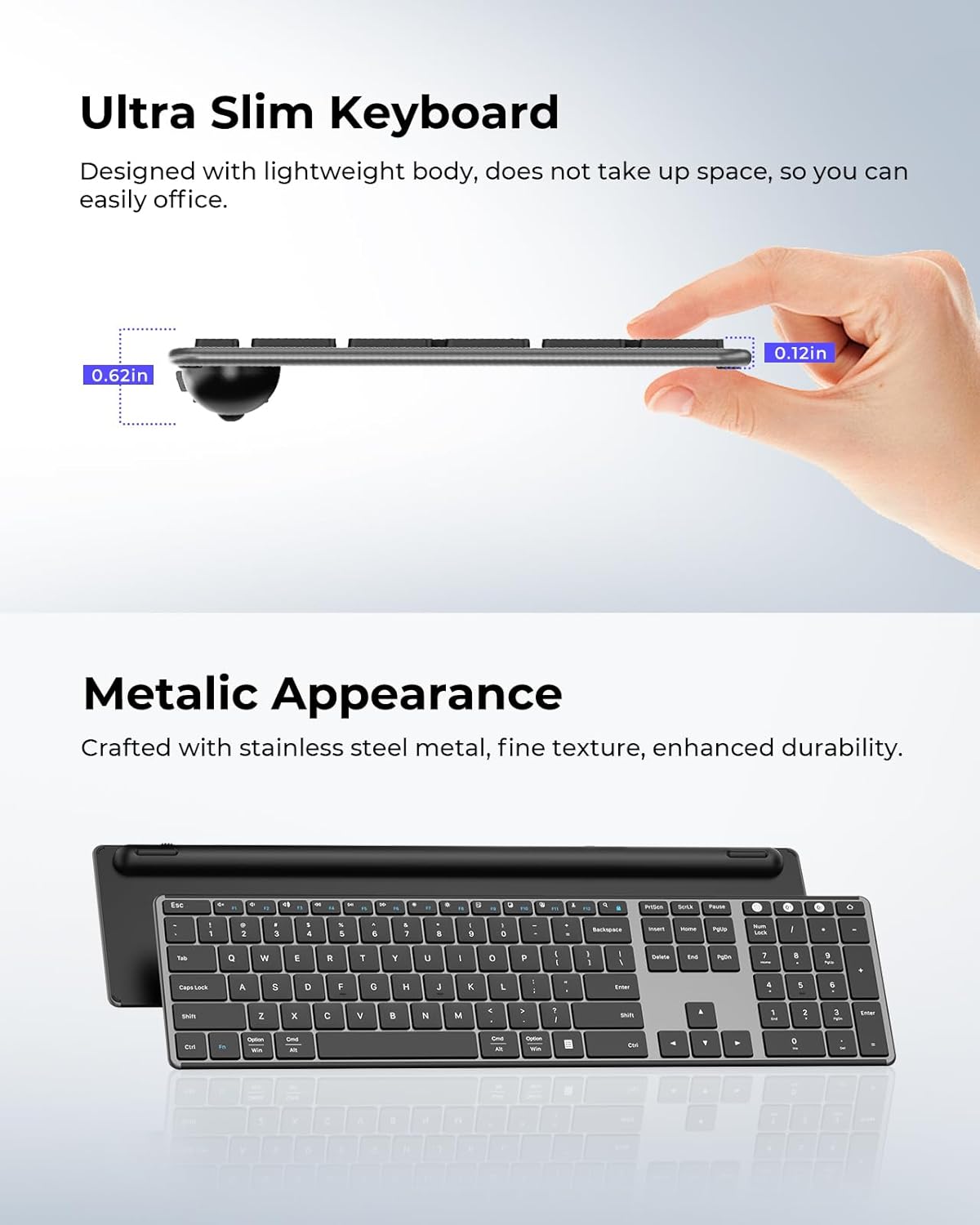 seenda Wireless Bluetooth Keyboard and Mouse Combo, SKM64-3 Rechargeable Slim Quiet Keyboard Mouse, 3 Multi-Device Connection, Compatible for Windows, Mac, MacBook, iPad, Tablet, Black Gray