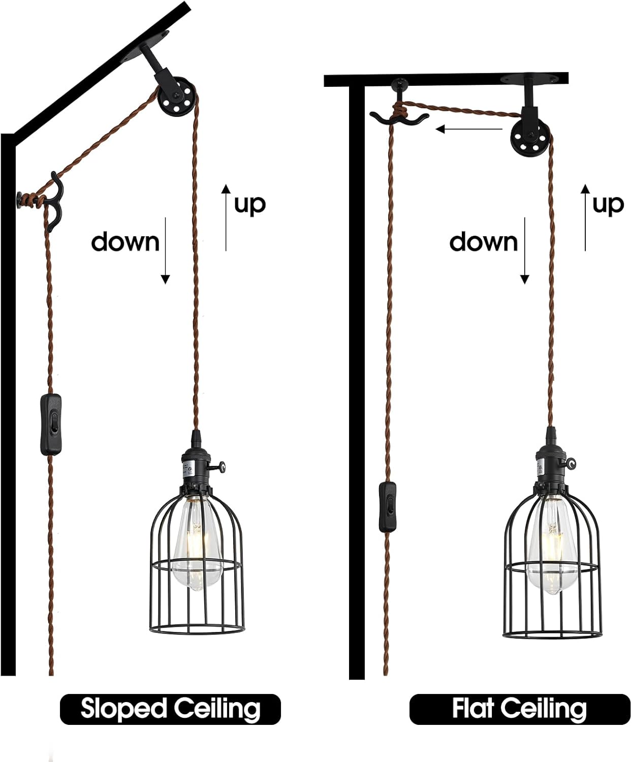 SEEBLEN Plug in Pendant Light Set of 2,Industrial Hanging Lamps that Plug into Wall Outlet,Farmhouse Pulley Pendant Light with Plug in Cord, Wall Lamps for Bedroom Living Room Kitchen.