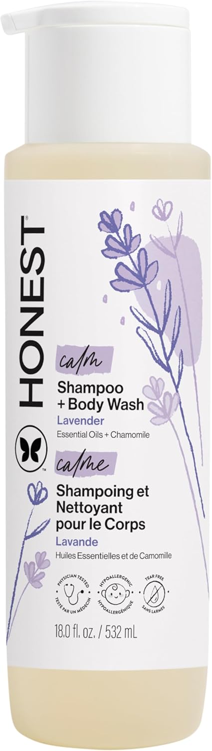 The Honest Company 2-in-1 Cleansing Shampoo Body Wash Gentle for Baby, Naturally Derived, Tear-free, Hypoallergenic, Lavender Calm, 18 fl oz