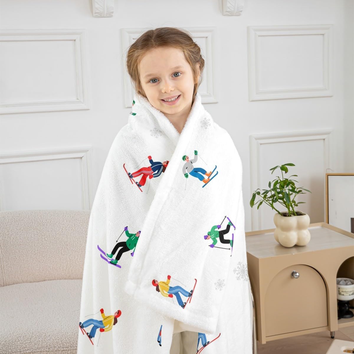 Winter Ski Sports Throw Blanket,Cartoon Skiing Skier Blankets,Snow Extreme Sports Fleece Blanket for Kids Boys Girls Teens Bedroom Decor,Colorful White Sherpa Blanket,for Chair/Sofa,50"×60"