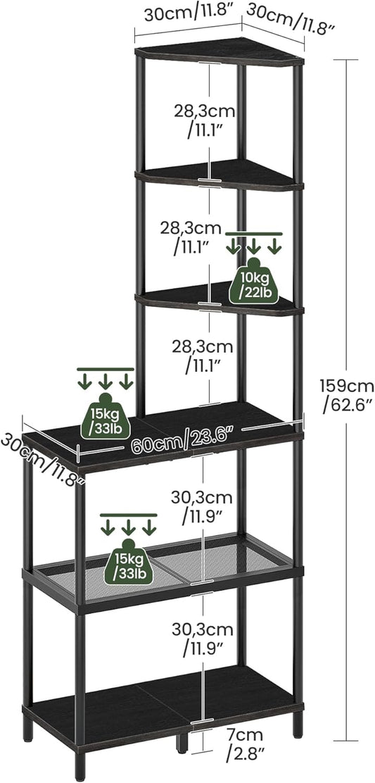 6-Tier Corner Shelf, Industrial Corner Bookshelf with Desk Top, Diamond-Shaped Storage Shelves, Display Stand for Small Spaces, Living Room, Home Office, Foyer, Black TCJ70BB