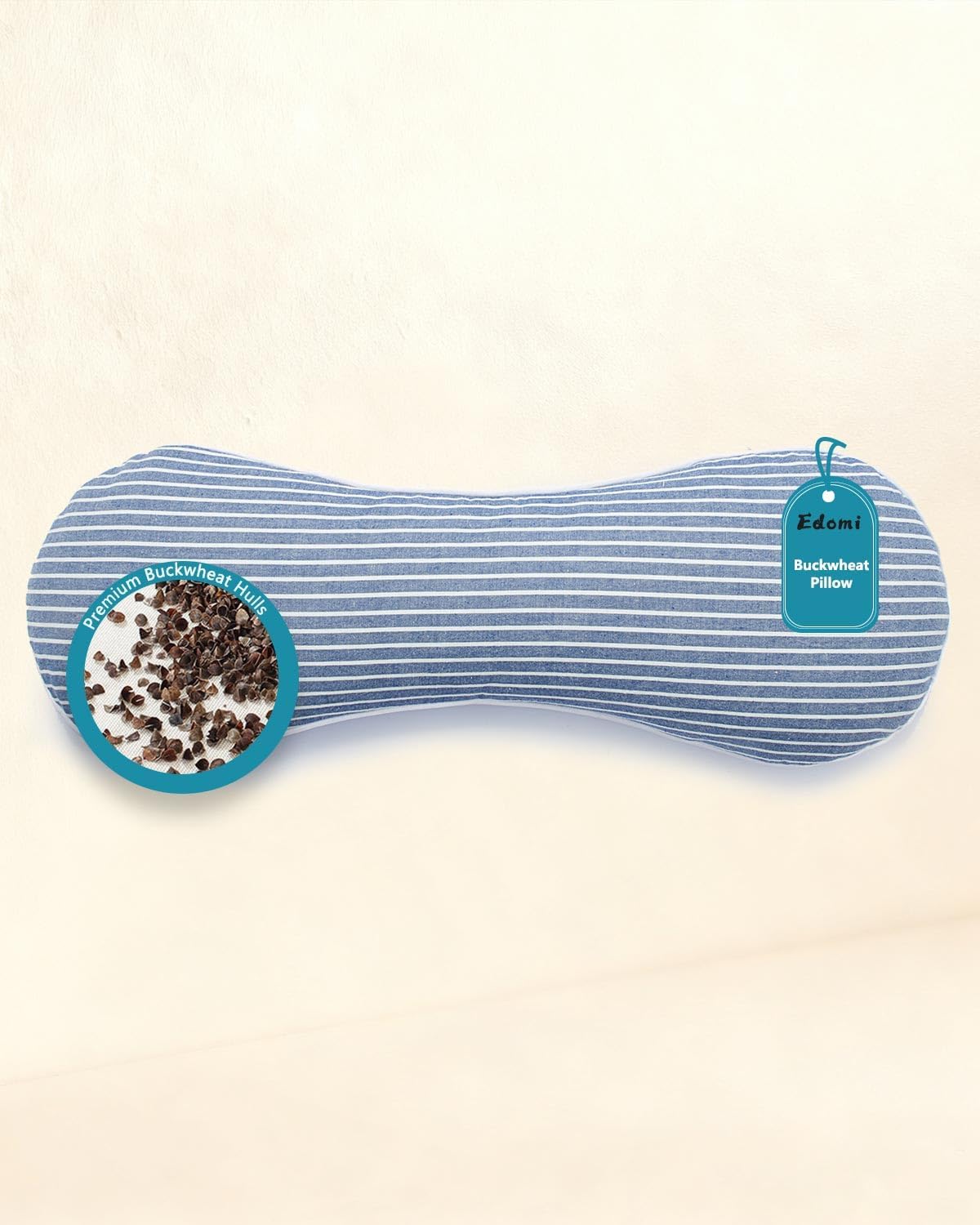 Adjustable Buckwheat Pillows for Sleeping,19.6"x7.8" Cervical Neck Support Cylinder Bolster Pillow, Custom Comfort Breathable Pain Relief Bone Pillow with Striped Pillow Cover, Blue