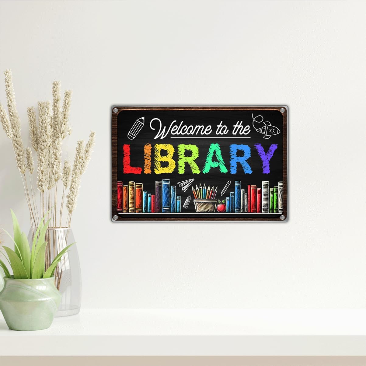 Welcome To The Library Sign 12 x 8 Inch Metal Wall Decor Chalkboard Style Colorful Book Lover Reading Corner Classroom Teacher Student School Decoration Art Home Outdoor