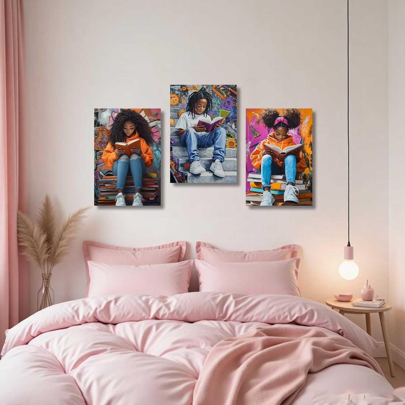 ZSHARTSWD 3 Pieces African American Wall Art Black Girl with Boy Reading Picture Black Children Canvas Print Inspiring Painting for Teen Bedroom Decor Framed (Orange, 11.00" x 14.00" x 3PCS)