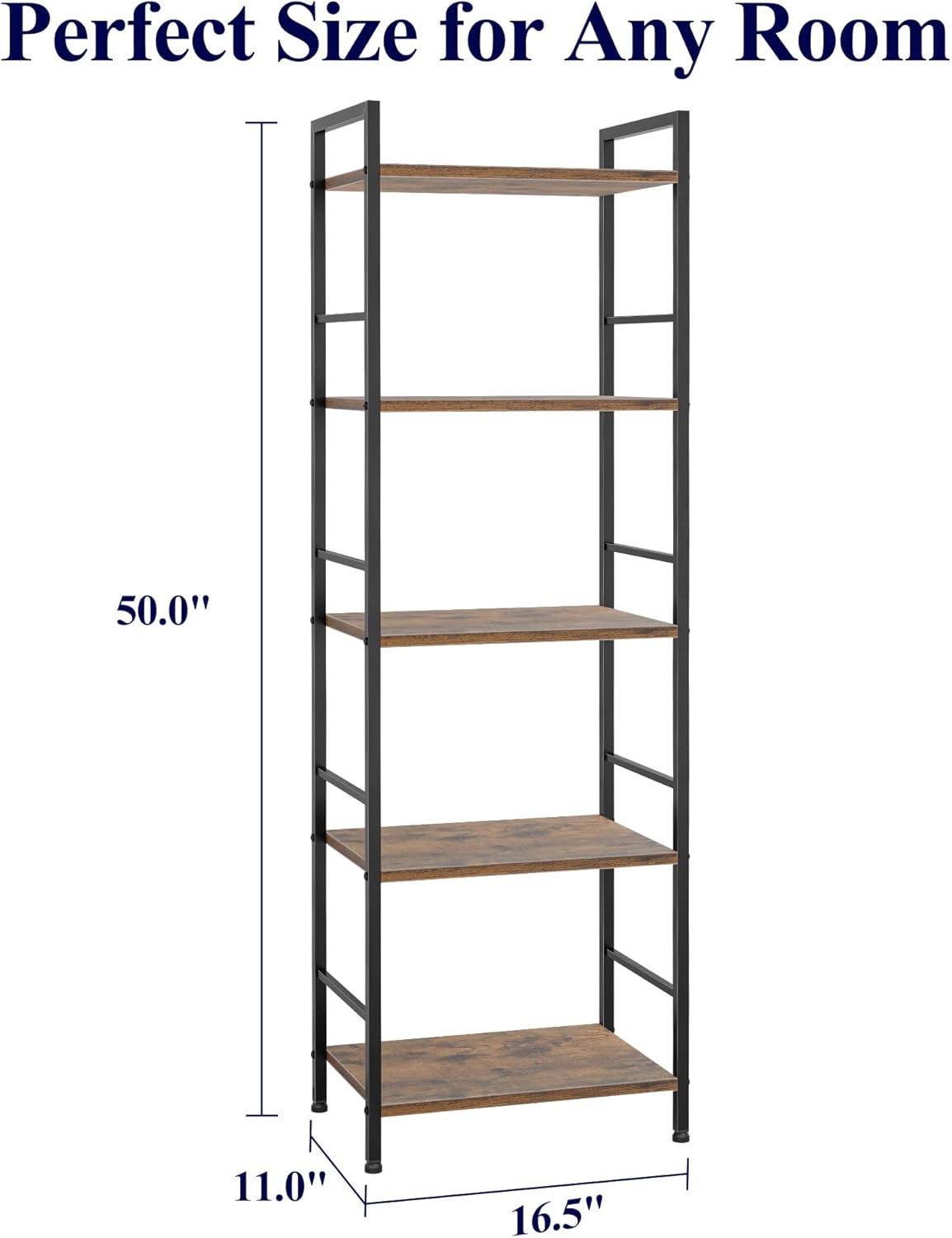 Kitsure 5-Tier Book Shelf - Wood & Metal Bookshelf with Handle & Adjustable Feet, Lightweight Bookcase for Living Room, Bedroom, Kitchen, Office or Dorm (16.5"×11.0"×50")